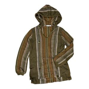 Another Love Brown Olive Women’s Large Striped Boho Tunic Hoodie Vneck Hipster